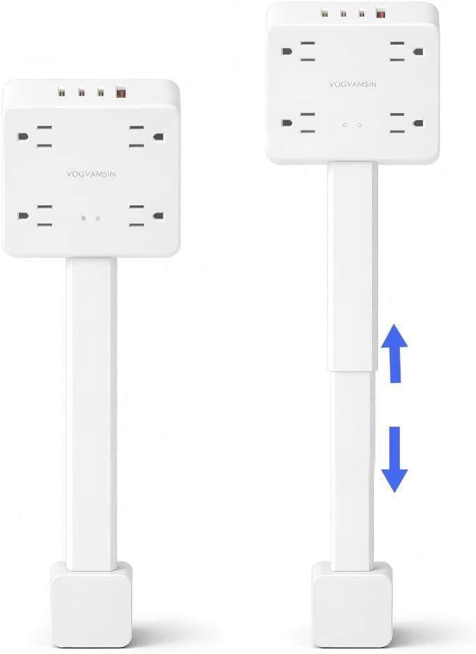 Electrical Outlet Extender Stick, 4 AC Outlets, 1 USB-A & 3 USB-C (PD20W), 1675W Power, 180 Rotation, 52cm Adjustable Length, Surge Protection, Ideal for Desks, Nightstands & More