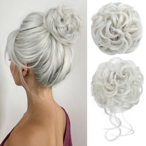 CJL HAIR 2PCS Messy Bun Hair Pieces Wavy Curly Synthetic Updo Chignon Fake Scrunchies Ponytail Extension for Women White