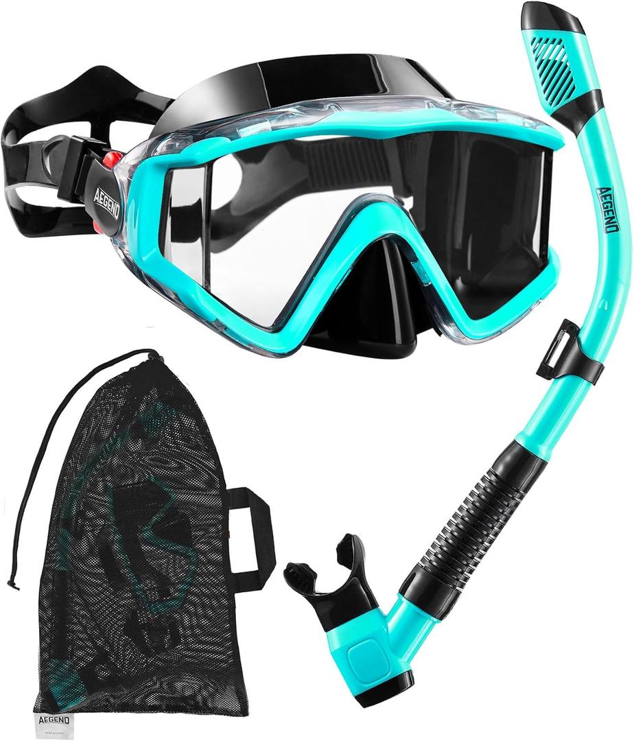 Aegend Snorkeling Gear for Adults, Dry Snorkel Set Panoramic View Enhanced Anti-Leak and Anti-Fog Technology, Adjustable Strap for Snorkeling Scuba Diving Swimming with Mesh Bag (Green)