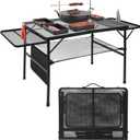 Folding Grill 4.4 FT Portable Camping Table with 2 Wing Panels, Height Adjustable Metal Outdoor Table with Mesh Desktop and Mesh Bag, Picnic, Beach and BBQ, Party, Black