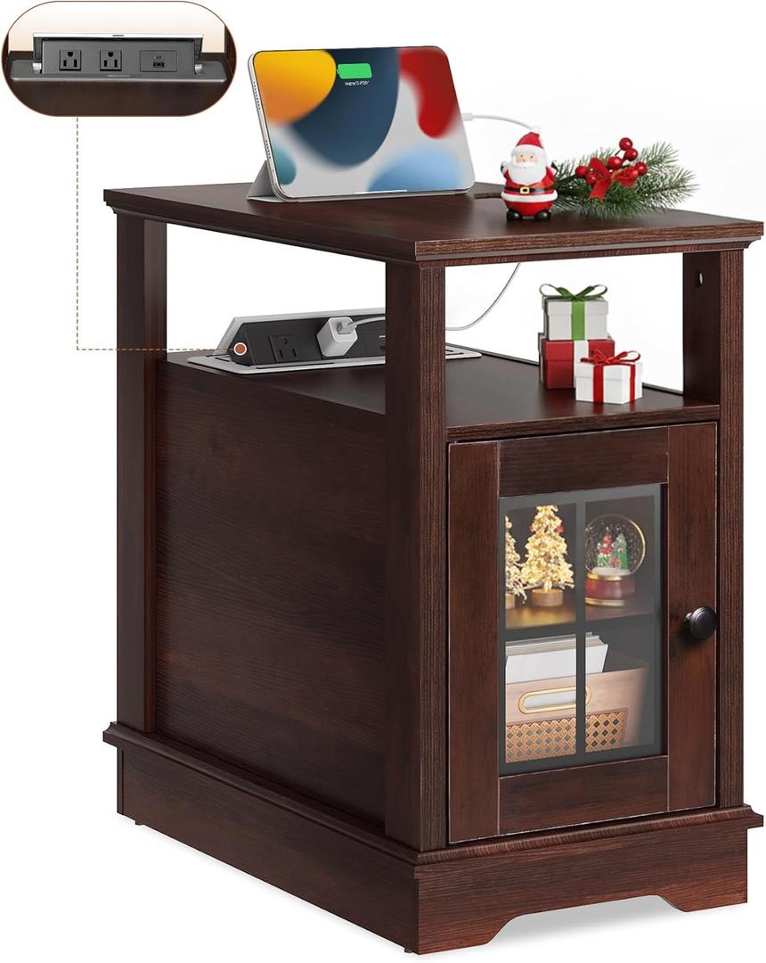 WLIVE Farmhouse End Table with Charging Station, Narrow Side Table with Storage, Small Nightstand with USB Ports and Outlets Bedside Cabine for Bedroom, Living Room,Espresso