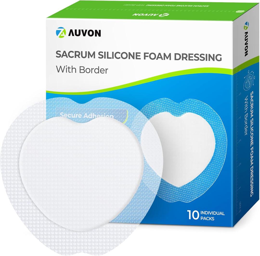 AUVON Sacral Silicone Foam Dressing with Clear Border for Easy Wound Monitoring, Waterproof & Breathable Foam Wound Dressing 7.2"x7.2", Absorbent Bed Sore Bandages, Box of 10 Sacral Pads