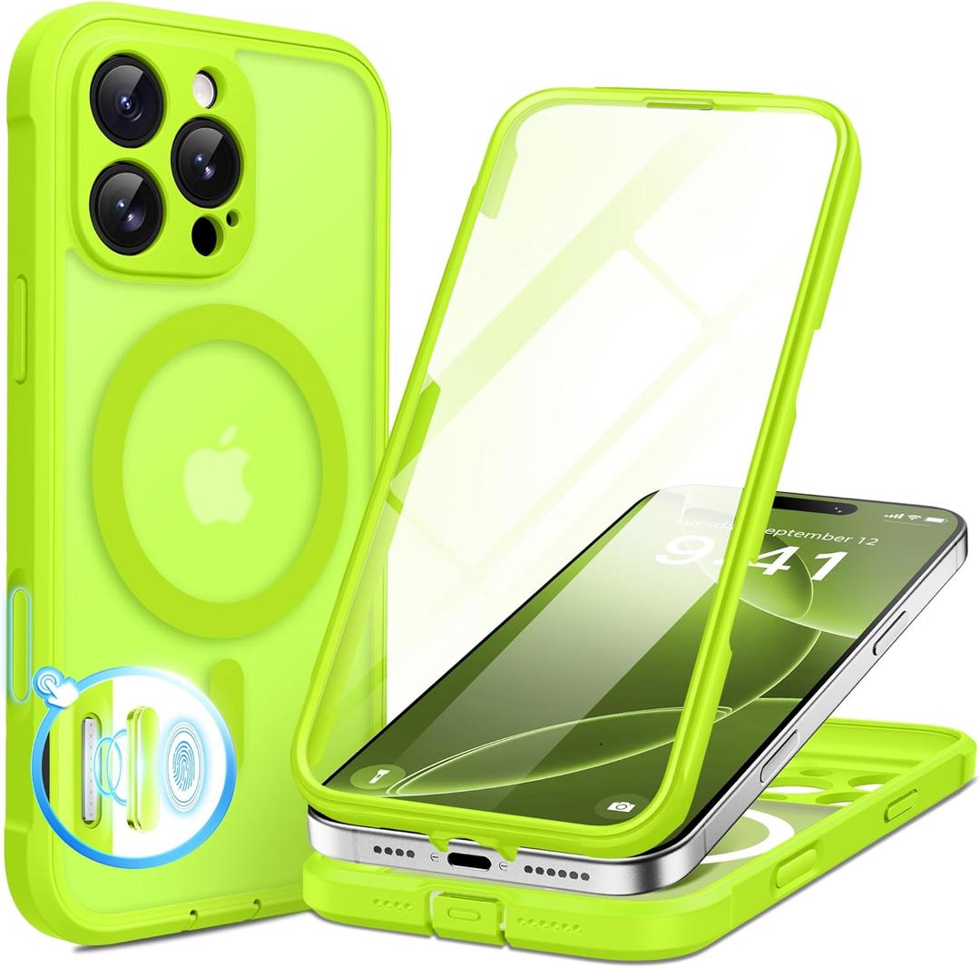 BERFY Magnetic for iPhone 16 Pro Max Case, Compatible with MagSafe, [Built-in 9H Tempered Glass Screen Protector & Camera Protection]Full Body Translucent Matte Phone case for 16 Pro Max, Bright Green