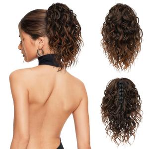 Flufymooz Ponytail Extension, 12" Short Claw Ponytail Extension Wavy Curly Jaw Clip in Pony tails Hair Extension Natural Synthetic Hairpiece for Women (Almond brown)