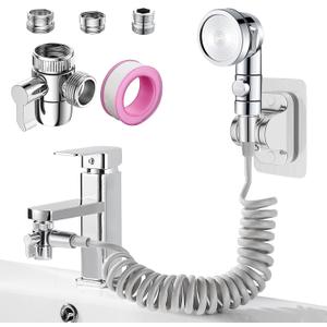 Sink Faucet Sprayer Attachment Set, Kitchen Bathroom Pet Bathing Shower Head with 9.8ft Hose and G1/2, 55/64", 15/16" Faucet Adapters, Hair Washing, Dog Shower and More (Gray)