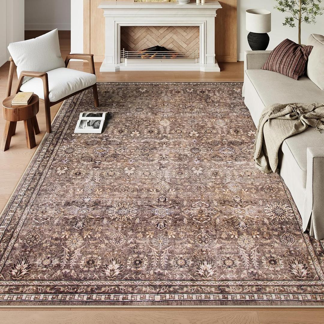 Lahome Oriental Rugs for Bedroom 8x10, Boho Washable Red Rugs for Living Room, Soft Rubber Backed Anti-Skid Floor Carpet for Dining Room Department, Distressed Red