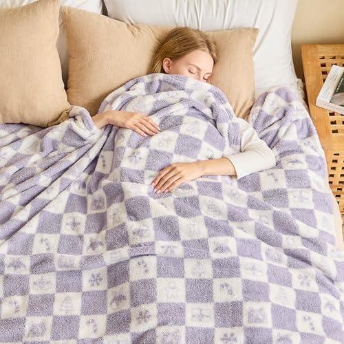 EMME Checkered Blanket Twin Size - 60"x80" Lavender Knit Blanket Soft Fluffy Patterned Blankets for Couch, Sofa, Chair, Bed, Camping, Picnic, Travel
