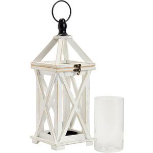 Farmlyn Creek Wooden Decorative Lantern Candle Holder with Glass Hurricane for Fireplace, Rustic Tabletop Decor (White, 6 x 15 in)