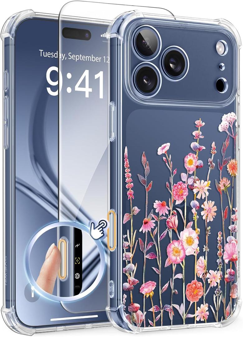 GVIEWIN for iPhone 17 Pro Case with Screen Protector, Upgraded [Full Camera Protection] [Non Yellowing] Floral Slim Shockproof Clear Women Phone Cover for iPhone 17 Pro 6.3" (Floratopia/Colorful)