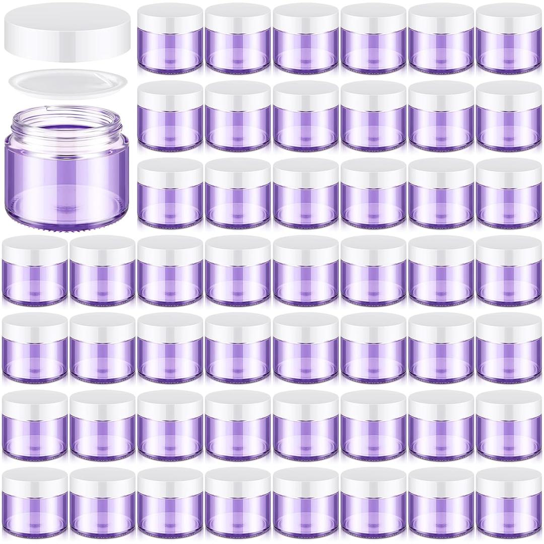 Domensi 48 Pcs 2 oz Glass Jars with Lids Travel Size Round Leakproof Empty Cosmetic Jars with Inner Liners Lid for Storing Makeup Lotions Face Cream Ointments Candle DIY Making (Light Purple)