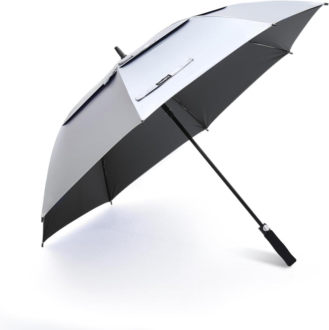 LIDOMPO 68 Inches Uv Protection Golf Umbrella For Sun Protection With Large Windproof Vented Double Canopy, Push-Button Auto Open Black/Silver