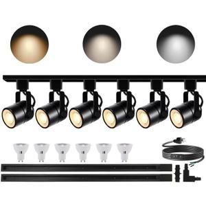 Bravsekai LED White Track Lighting Kit, 3CCT 10W Track Lights 3000K/4000K/6000K Adjustable with 6.56FT H-Type Track Rails 6PCS Ceiling Spotlight Fixture with Replaceable GU10 Bulbs