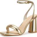 Women's Block High Heels Square Open Toe Strappy Sandals Party Wedding Ankle Strap Shoes (8, Light Gold)