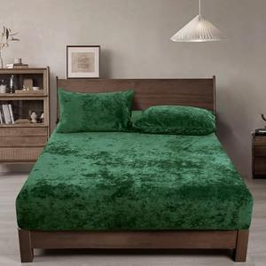 PHF Truly Velvet Fitted Sheet Only Queen Size, Luxury Super Soft Cozy Comfy Flannel Bottom Sheet with 15" Deep Pocket,Suitable for Fall Winter and Spring, No Pillowcases, Emerald Green