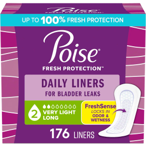 Poise Daily Liners, Incontinence Panty Liners for Bladder Leaks, 2 Drop Very Light Absorbency, Long Length, 176 Count of Pantiliners (4 Packs of 44)