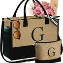 YOOLIFE Mothers Day Gifts for Women - Initial Jute Tote Bag & Makeup Bag, Birthday Gifts for Women Mom Wife Teacher Friend