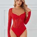 Avidlove Women Long Sleeve Bodysuit Sparkle Body Suits Top Mesh One Piece Leotard Shirt Going Out Tops Fall Outfits (Red, XXL)