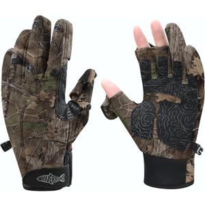 Riverruns Flexible Fishing Gloves Fleece Lining Windproof Ice Fishing Gloves Water-Repellent Touchscreen 3 Cut Fingers (Small, Autumn Forest)