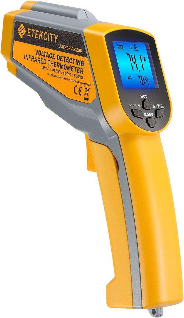 Etekcity Infrared Thermometer 1025D (Not for Human) Dual Laser Temperature Gun-58~1022 (-50~550) with Adjustable Emissivity, Non-Contact Voltage Tester (NCV), Standard Size, Yellow & Gray