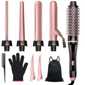 5 in 1 Curling Iron & Thermal Brush Set with 4 Interchangeable Ceramic Barrels (0.35”-1.25”) Fast Heat Dual Voltage Travel Hair Tools Birthday Gift for Women - Hair Curler Wand Kit for Curls & Blowout