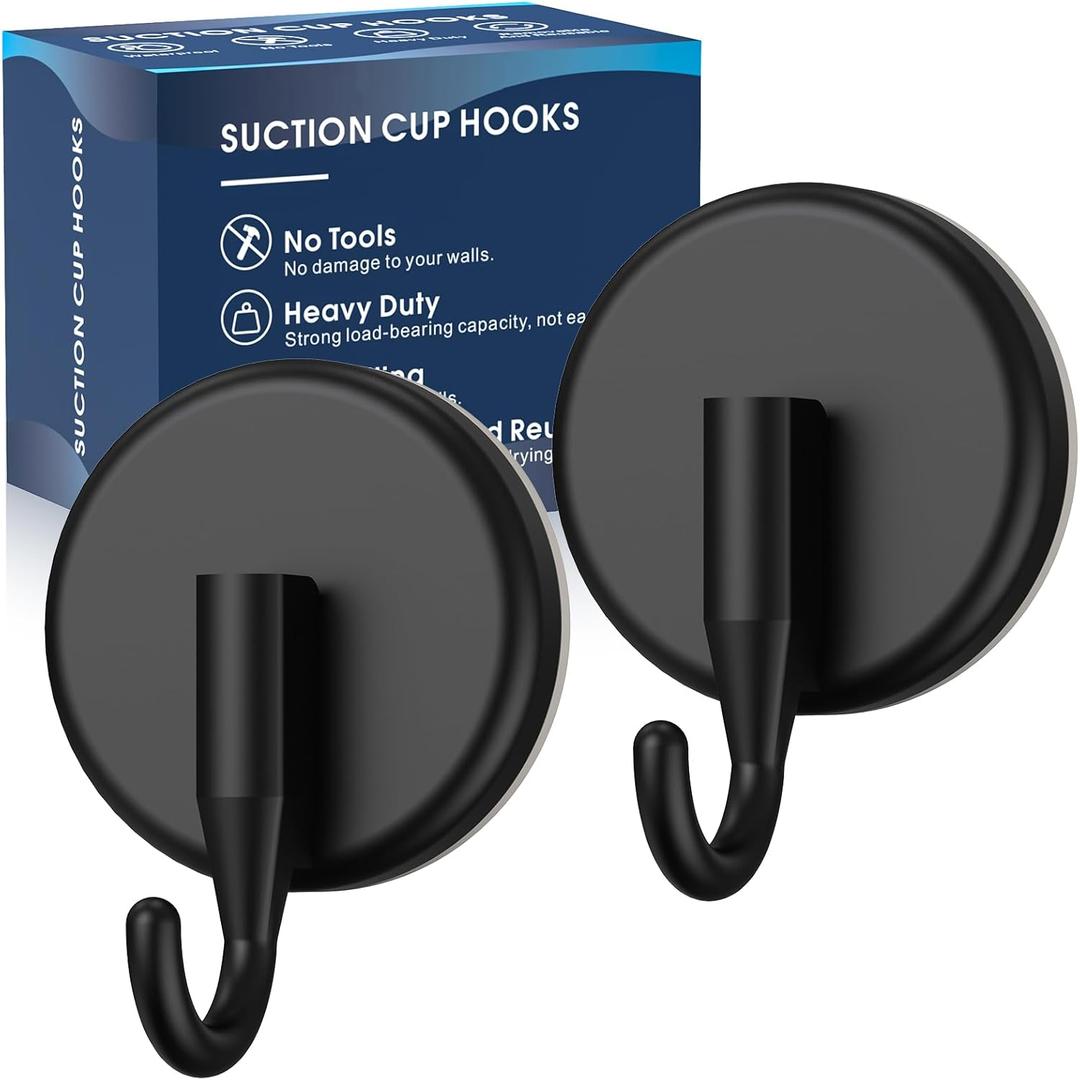 Suction Cup Hooks for Shower, Shower Hooks for Inside Shower,Mounting on Glass Doors,Tile, Mirrors, Metals,Hooks for Hanging Towels, Robe, Loofah, Jackets-Black(2 Pack)
