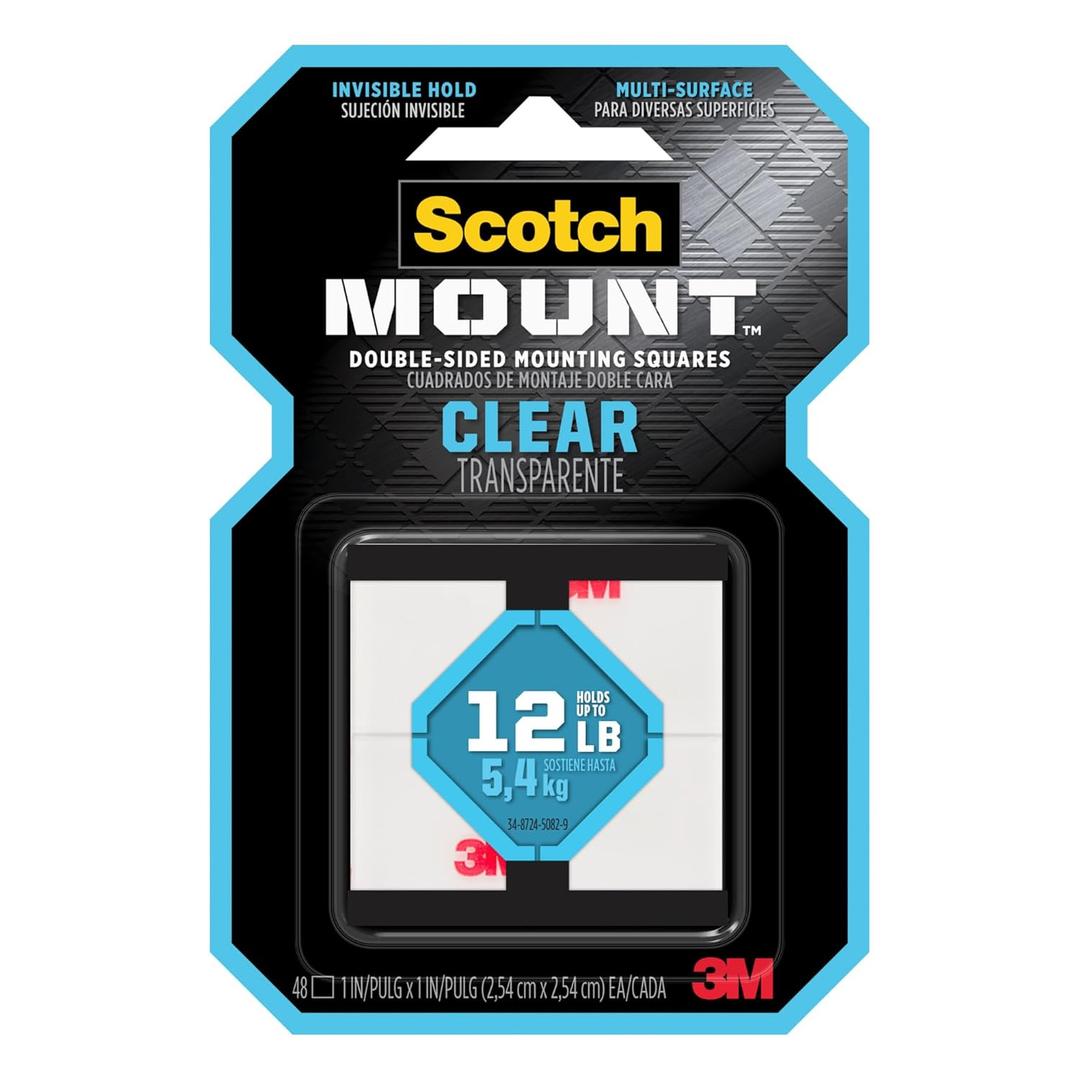 3M Clear Scotch-Mount Double-Sided Mounting Tape, Strips & Squares: 1 in x 1 in. (Clear) / 48-Squares