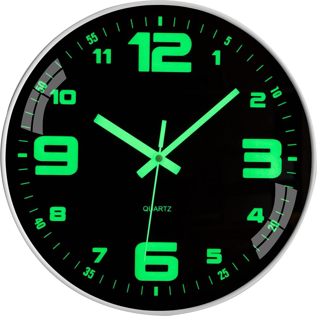 Wall Clock 12 inch Battery Operated Silent Non-Ticking Glow in The Dark Clocks Analog Small Digital Night Light Up Neon Outdoor Clocks for Living Room Bedroom Kitchen Bathroom Home Decor (White)