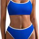 SUUKSESS Women High Waisted 2 Piece Bikini Set Cheeky High Cut Bandeau Swimsuit (Blue, M)
