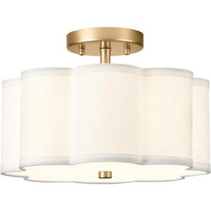 Gold Semi Flush Mount Ceiling Light, 3-Light 12.5" Ceiling Lighting Fixtures with Fabric Shade in Flower Shape, Farmhouse Brass Drum Lights for Nursery Hallway Bedroom, AD-22007-3SF-GD