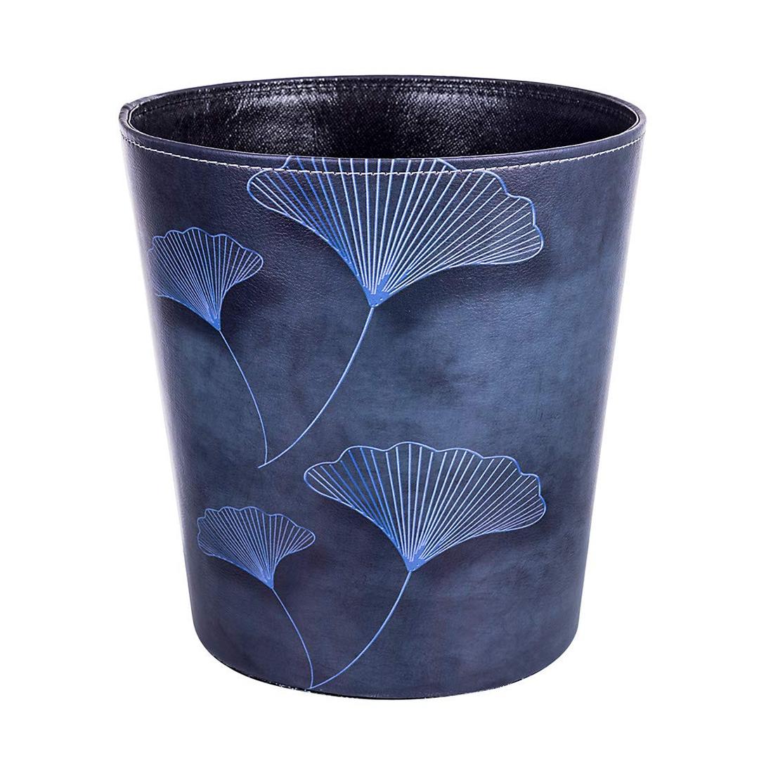 10L/2.64 Gallon Trash Can, Decorative Waste Basket, PU Leather Waste Paper Basket, Waterproof Garbage Can for Bathroom, Bedroom, Office, Kitchen and Living Room - Blue Lines Leaves