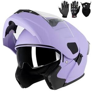 Adult Modular Motorcycle Helmets, DOT Approved Flip up Dual Visor Full Face Helmet for Men Women Moto ATV UTV Snowmobile ADV Four Wheeler Street Bike with Gloves & Mask (Purple, S)