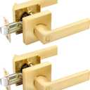 EHOMEWARE 2 Pack Gold Door Handles, Privacy Door Levers Bed and Bath Leverset Lockset, Satin Brass Finish, Universal Handing with Square Door Knobs