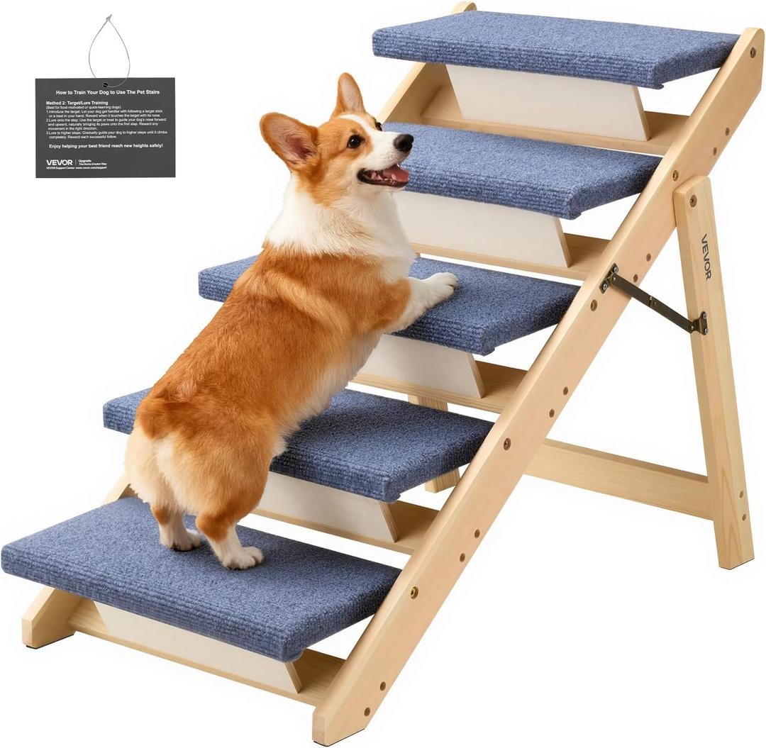 VEVOR Wood Pet Stairs, 5-Step Dog Stairs for Beds, Sofa & Cars, 150lbs Load Capacity, Floded Flat Design, Stable & Sturdy Cat & Dog Step Ladder for Small Medium Large Older Pet Puppy Essentials