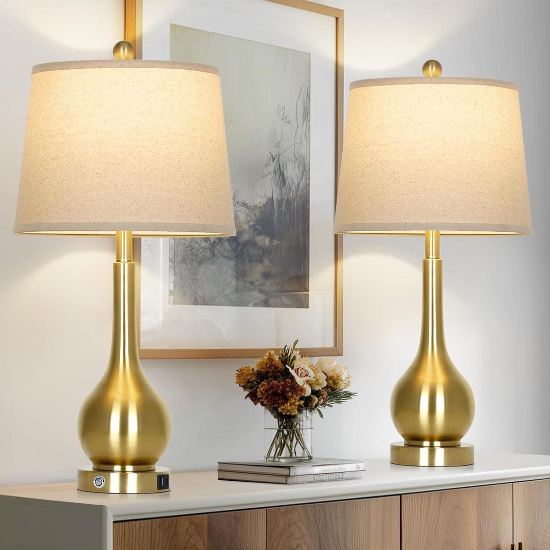 26" Gold Table Lamps Set of 2 for Living Room, Touch Control Bedroom Lamps for Nightstand, 3-Way Dimmable Bedside Lamp with USB A+C Port (2 LED Bulbs Included)