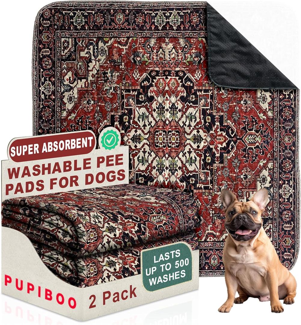 PUPIBOO Washable Pee Pads for Dogs and Cats - Super Absorbent Reusable Puppy Training Pads - 100% Waterproof, Leak-Proof & Non-Slip Whelping Pads for Pet Housebreaking (36 x 36 Inch (Pack of 2), Red Medallion)