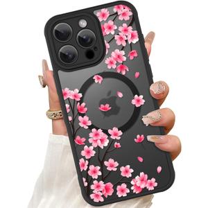 ZIYE Magnetic Case for iPhone 15 Pro 6.1 Inch [Compatible with MagSafe] Hard PC and Soft TPU Case with Cherry Blossom Pink Floral Anti-Scratch Shockproof Protection Phone Cover for Women