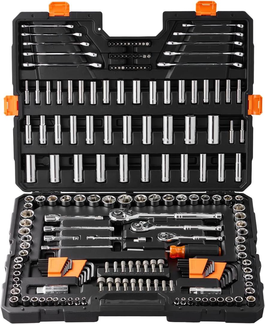 VEVOR Mechanics Tool Set, 205 Pcs SAE and Metric Sockets, 1/4" 3/8" 1/2" Drive Deep and Standard Sockets, Chrome Vanadium Steel, Polyethylene