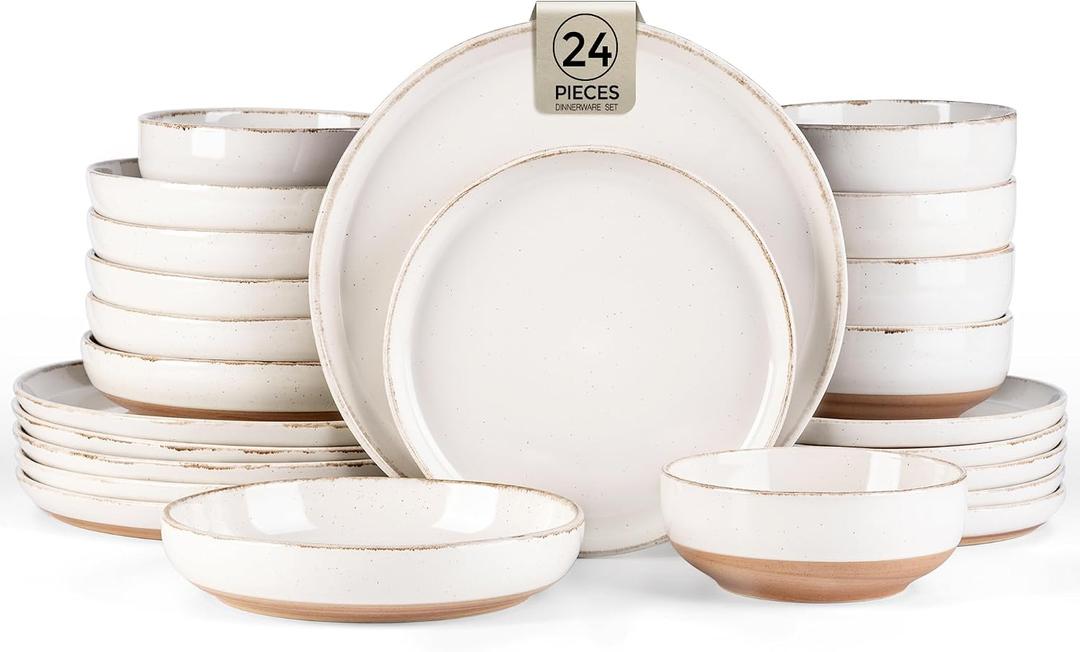 AmorArc Dinnerware Sets with Pasta Bowls for 6, Handpainted Stoneware Plates and Bowls Set with Rustic Terracotta Underside, Scratch Resistant Dishes Set, Dishwasher & Microwave Safe, 24 Pcs