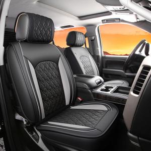 JOJOBAY Chevy Silverado Seat Covers,Leather Seat Covers for GMC Sierra,Custom Fit 2007-2026 1500 2500HD 3500HD Crew Double Extended Regular Cab,LT LZT RST Trail Boss(Front Pair,Black Grey)