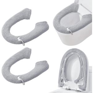 2 Packs Toilet Seat Cover, Plush Warm Bathroom Toilet Seat Cushion with Snaps Fixed Washable and Reusable Toilet Seat Lid Cover Pads, Fits Most Toilet Seats, Grey