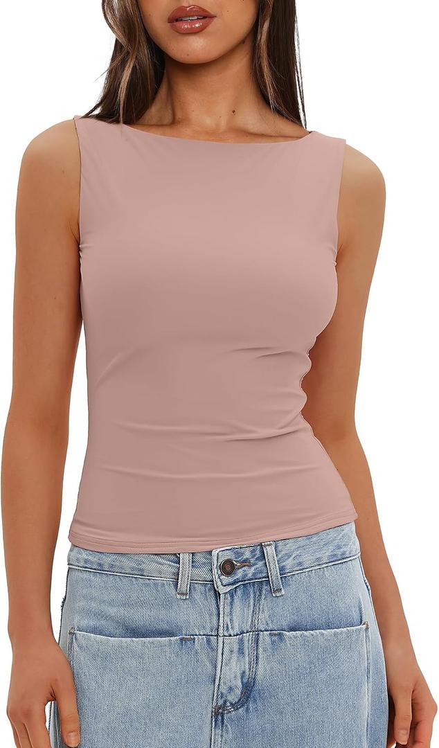 Darong Women's Boat Neck Tank Top Sleeveless Double Lined Basic Tops Going Out Casual Tank Shirts (Pink) M