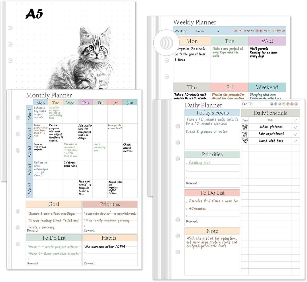 ADHD Planner Refill Pages for A5 Binders Planner Inserts Daily Weekly Monthly 120 Sheets/240 pages for 6 Ring Binder Undated Planners Refills Colorful To Do List Refill Paper 120 GSM Thick Loose Leaf Paper for 3 Months Neurodivergent Journal Productivity Adults 5.8" x 8.3"
