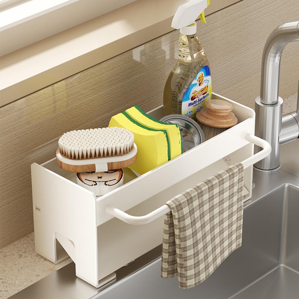 Sponge Holder for Kitchen, Sink Caddy with Auto Draining Tray, Stainless Steel Sponge Caddy Organizer, Dish Soap Caddy, Kitchen Utensils Accessories Storage for Countertop, White