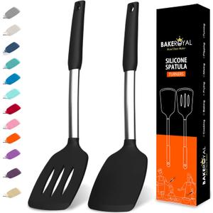Silicone Spatula Set - Turner Spatulas Silicone Heat Resistant 600F - Slotted & Solid Spatula for Cooking Fish, Eggs, Pancakes Flipper  Spatulas for kitchen use  Black
