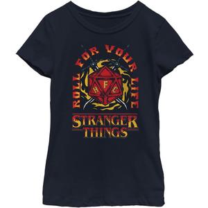 Netflix Stranger Things Fire and Dice Girls Short Sleeve Tee Shirt (Medium, Navy Blue)
