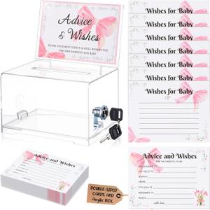 Geelin 50 Pcs Baby Shower Advice Cards for Parents to Be Advice and Wishes Cards Box Pink Bow Wishes Card Box with Lock for New Parents Baby Shower Party Decorations Girl