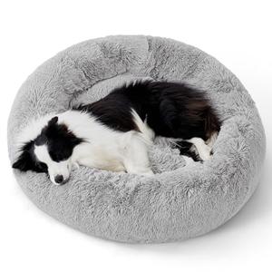 Bedsure Calming Dog Bed for Large Dogs - Donut Washable Large Pet Bed, 36 inches Anti-Slip Round Fluffy Plush Faux Fur Dog Bed, Fits up to 80 lbs Pets, Pale Grey
