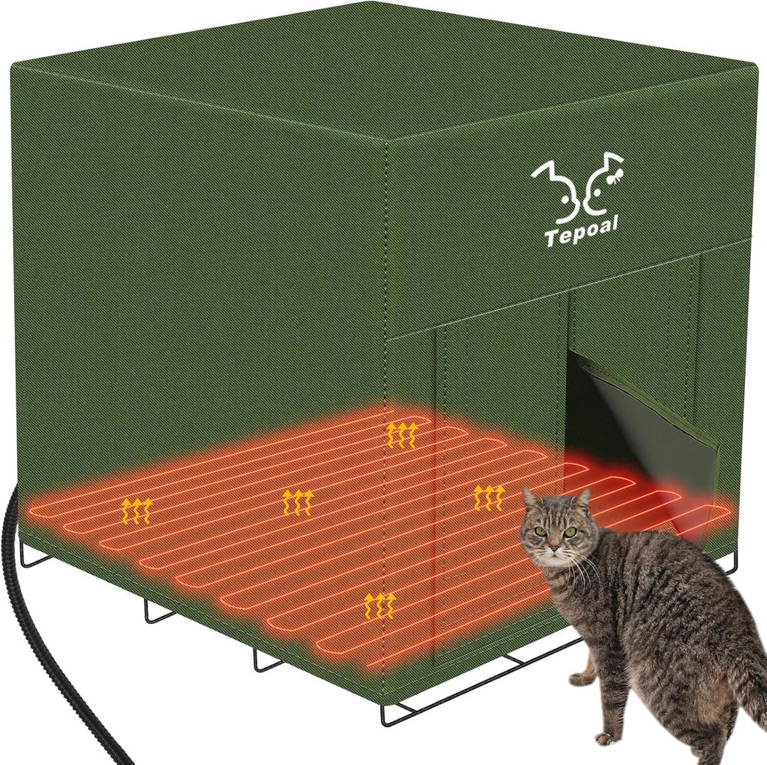 Large Heated Cat House for Outdoor Cats in Winter, Tepoal Weatherproof Outdoor Feral Cat House, Elevated Kitty House with Heating Pad Bed for Outside Barn Cats, Strays (16x20x18 Inches)