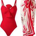 YUNIDMEIM Women's One Piece Swimsuit with Cover Up Set Retro Bathing Suit (Red, L)