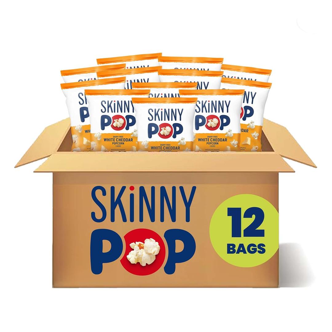 SkinnyPop Popcorn, White Cheddar, Whole Grain, Dairy-Free Snack, 1oz Bags (12ct) Best By: 07/12/25